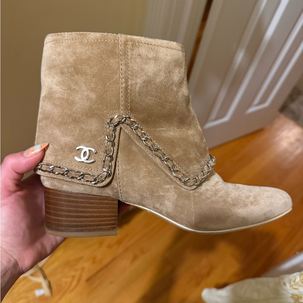 CHANEL Beige Suede Ankle Boots with Chain Detail